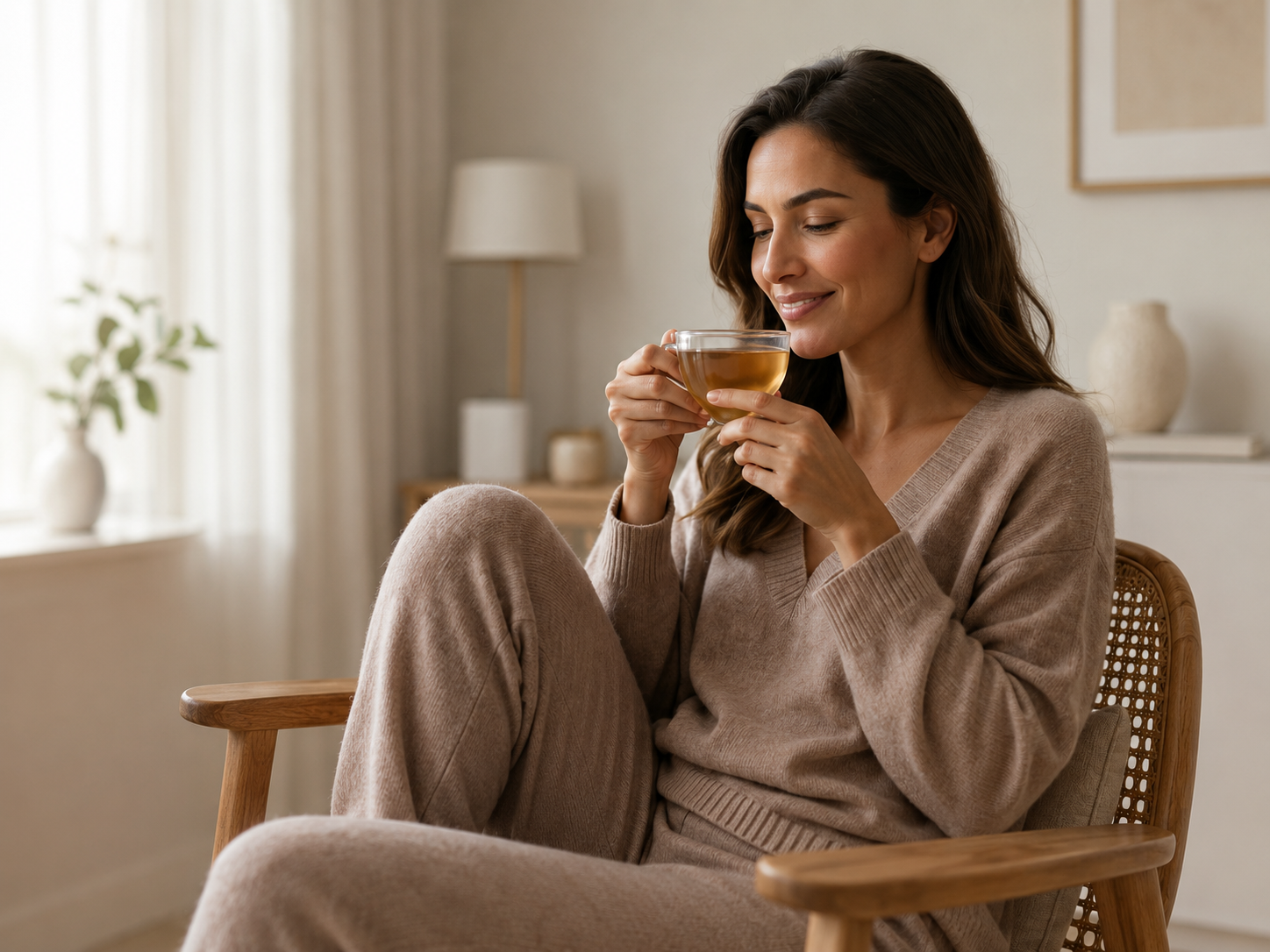 A parent relaxing at home with a warm drink